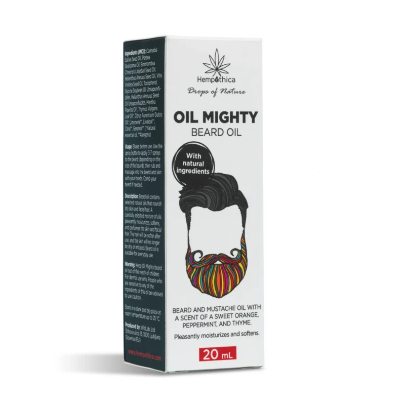 Óleo de barba Oil Mighty. Deixa a barba, o bigode e a pele agradavelmente hidratados e perfumados. Cosméticos naturais amigos da pele da Hempethica.