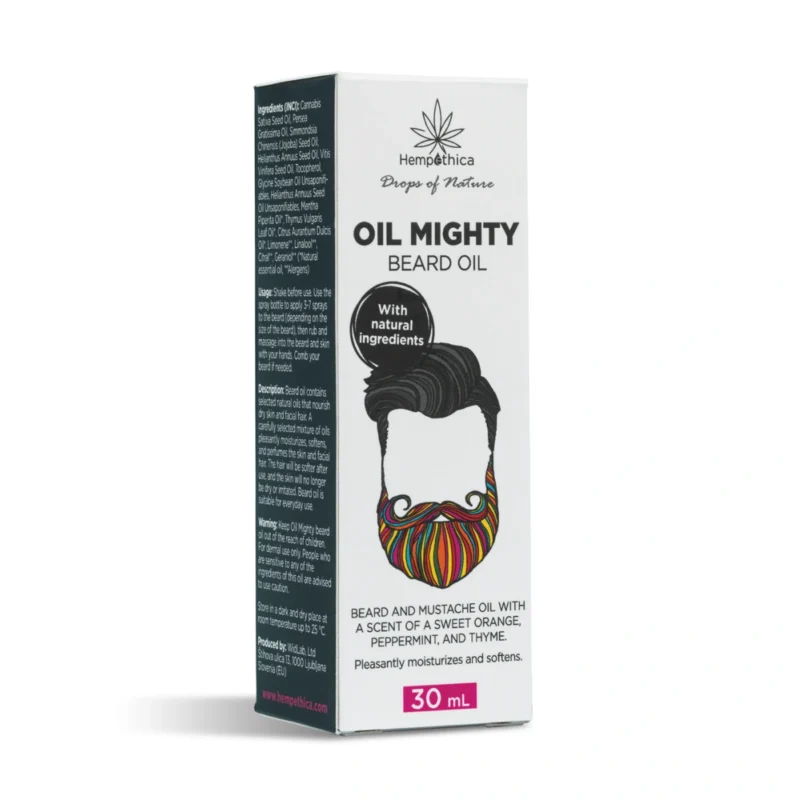 Óleo de barba Oil Mighty. Deixa a barba, o bigode e a pele agradavelmente hidratados e perfumados. Cosméticos naturais amigos da pele da Hempethica.